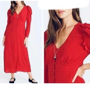 J. Crew Red Polka Dot Button-Front Long Sleeve Maxi Dress